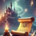 Fantasy-themed quiz background with a glowing scroll on a stone pedestal, floating candles, magical sparkles, and a distant castle under a twilight sky.