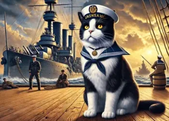 Illustration of Unsinkable Sam, the legendary World War II cat who survived three shipwrecks.