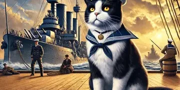 Illustration of Unsinkable Sam, the legendary World War II cat who survived three shipwrecks.